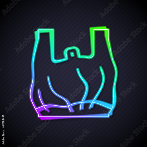 Glowing neon line Say no to plastic bags poster icon isolated on black background. Disposable cellophane and polythene package prohibition sign. Vector