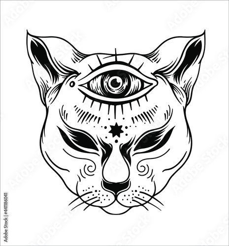 mystic cat with a third eye hand drawn illustration design element