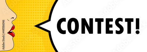Contest. Female mouth with red lipstick screaming. Speech bubble with text Contest. Retro comic style. Can be used for business, marketing and advertising. Vector EPS 10