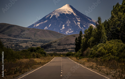 Road in Patagonia Argentina. In the background the famous Volcán Lan´ín (Lanín Vulcano) that gives name to the Lanín National Park, one of the Argentina´s oldest and biggest. 