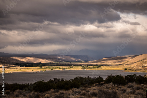 Open landscape in a heavy cloudy day in the Limay River  Neuqu  n  Argentina.