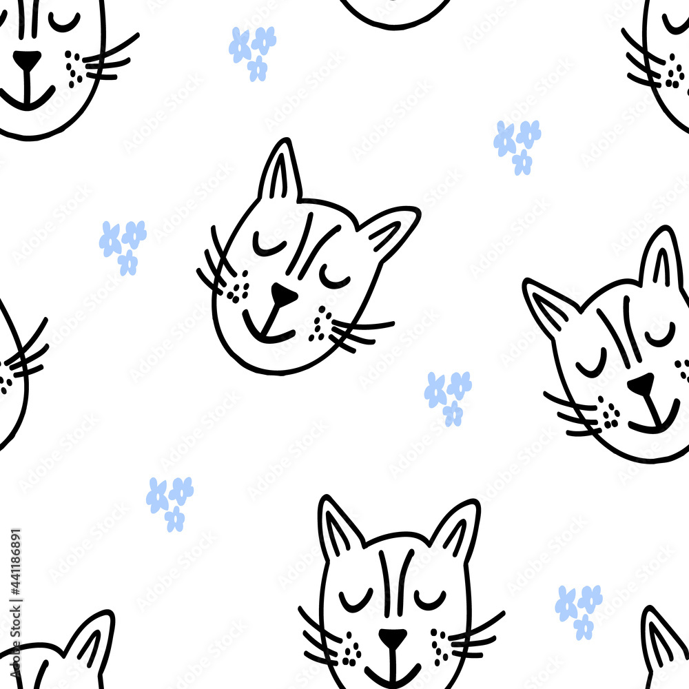 Seamless vector pattern with handdrawn cute cat heads and blue flowers,kids illustration for interior design,textile, wallpaper,animal print for baby fashion,wildlife background,world cat day Seamless vector pattern with handdrawn cute cat heads and blue flowers,kids illustration for interior design,textile, wallpaper,animal print for baby fashion,wildlife background,world cat day
