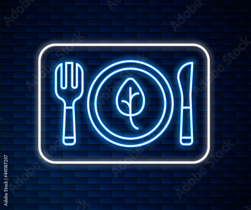 Glowing neon line Vegan food diet icon isolated Glowing neon line background. Organic, bio, eco symbol. Vegan, no meat, lactose free, healthy, fresh and nonviolent food. Vector