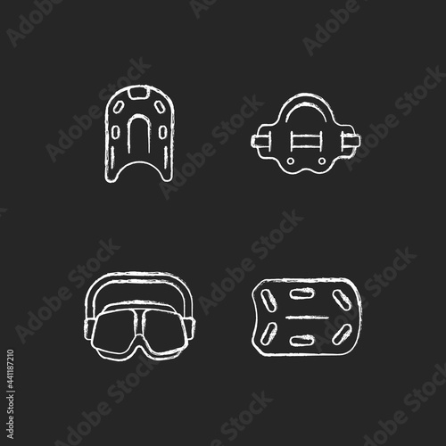 Swimming pool supplies chalk white icons set on dark background. Kickboard. Aqua jogger. Swimming goggles. Buoyant rectangular board. Aquatic fitness. Isolated vector chalkboard illustrations on black