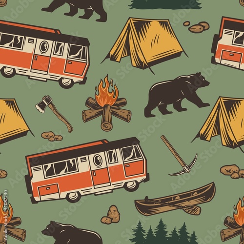 Camping vintage colorful seamless pattern
