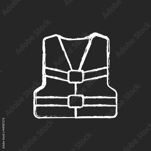 Life jacket chalk white icon on dark background. Personal flotation device. Inflatable swim vest for water sports. Keeping afloat in water. Isolated vector chalkboard illustration on black