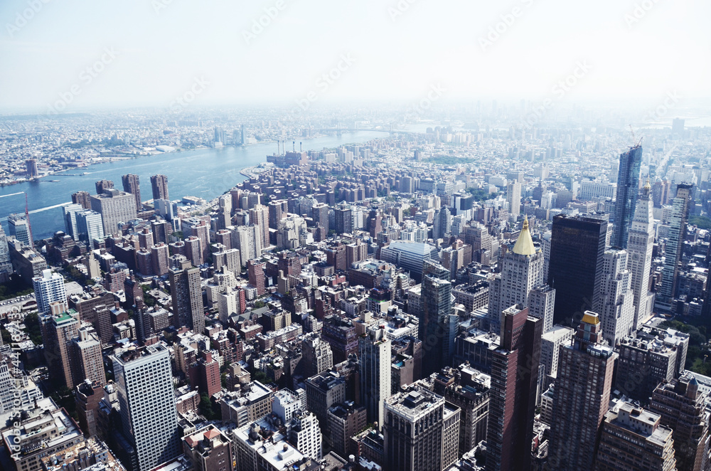 USA, NEW YORK: Aerial cityscape view of Lower Manhattan skyscrapers from World Trade Center  