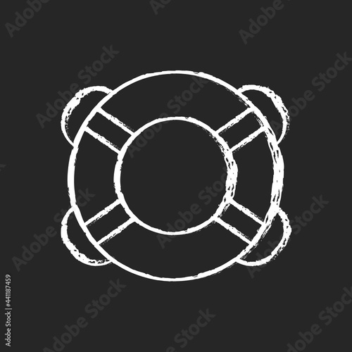 Ring buoy chalk white icon on dark background. Life preserver. Round floatation device. Assisting beginner swimmer. Swim ring. Lifesaving equipment. Isolated vector chalkboard illustration on black