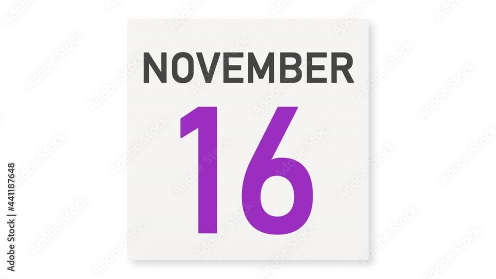 November 16 date behind crumpled paper page of a calendar, 3d animation November 16 date behind crumpled paper page of a calendar, 3d animation