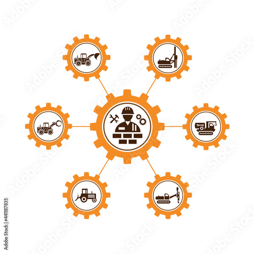 A set of vector illustrations of icons of working personnel, special equipment and tools for construction work of enterprises and other services and organizations.