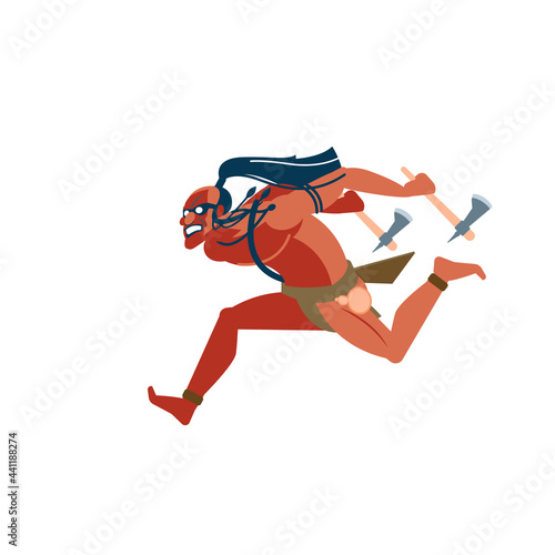 Warrior of indigenous African tribes, an Australian and American aboriginal set, a member of the tribe ferociously attacks the enemy with two tamogawks in his hands. Vector cartoon, flat illustration. photo