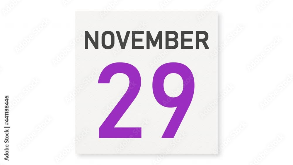 November 29 date behind crumpled paper page of a calendar, 3d animation November 29 date behind crumpled paper page of a calendar, 3d animation