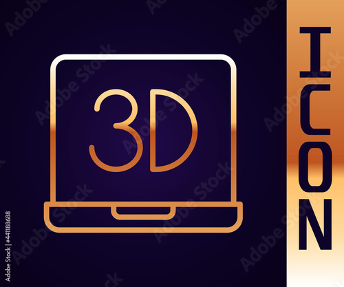 Gold line 3D printer icon isolated on black background. 3d printing. Vector