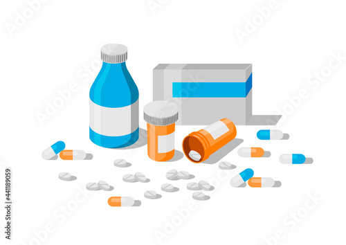 Medicaments collection. Set of medical items: bottles, pills, capsules. Flat vector illustration.