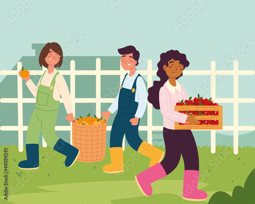farmers picking apples and oranges