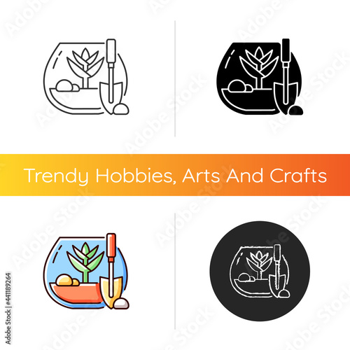 DIY tropical terrarium icon. Growing exotic plants inside humid environment. Woodland mosses under glass. Succulents in container. Linear black and RGB color styles. Isolated vector illustrations
