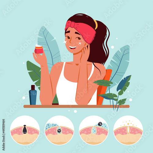 Cute young woman using natural cosmetics and moisturizing her skin flat illustration. Everyday personal care, skincare daily routine, hygienic procedure. Teenage skin, blackheads and healthy skin.