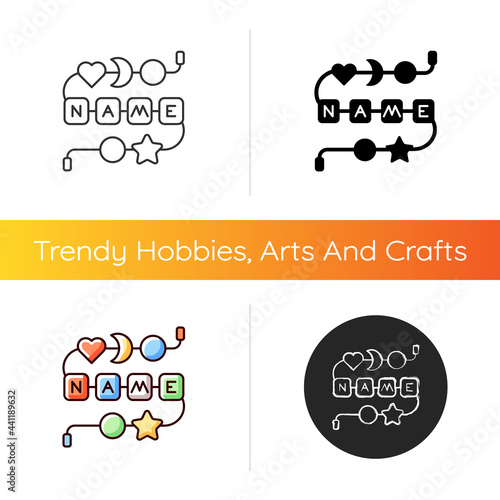 Personalised silicone teether chain icon. Practical keepsake for infant. Accessory with baby name. Teething supply. Toddler toy. Linear black and RGB color styles. Isolated vector illustrations