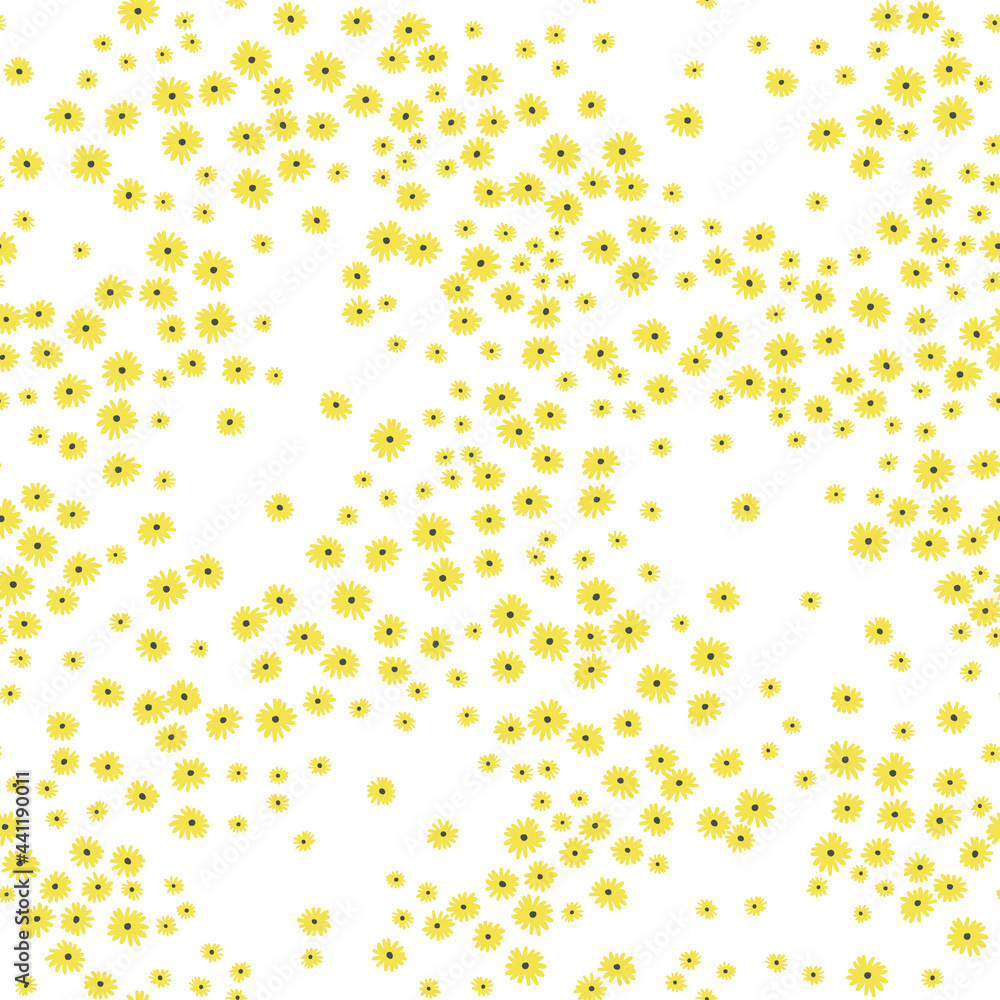 Seamless floral pattern. Ditsy background of small yellow flowers. Small-scale flowers scattered over a white background. Stock vector for printing on surfaces and web design. Seamless floral pattern. Ditsy background of small yellow flowers. Small-scale flowers scattered over a white background. Stock vector for printing on surfaces and web design.