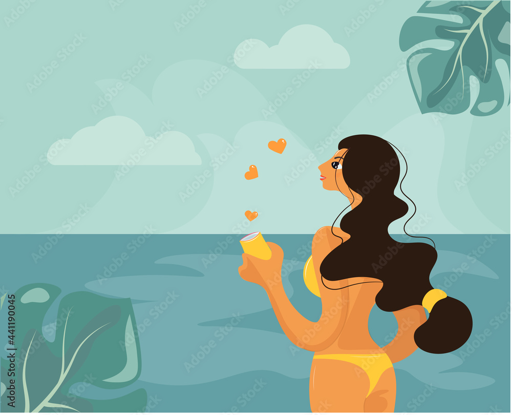 A distinctive brunette is resting at the sea. A spectacular young girl drinks a soft drink and dreams of love. Woman on vacation at the beach. Poster design template with sexy girl at the sea. Vector A distinctive brunette is resting at the sea. A spectacular young girl drinks a soft drink and dreams of love. Woman on vacation at the beach. Poster design template with sexy girl at the sea. Vector