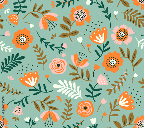 Vintage floral background. Seamless vector pattern for design and fashion prints. Flowers pattern with small orange and pink flowers on a green gray background. Ditsy style. Stock.