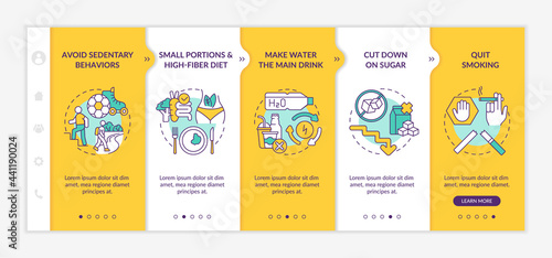 Diabetes prevention tips onboarding vector template. Responsive mobile website with icons. Web page walkthrough 5 step screens. Avoid sedentary behaviors color concept with linear illustrations