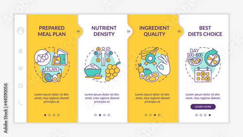Meal delivery for diabetics onboarding vector template. Responsive mobile website with icons. Web page walkthrough 5 step screens. Prepared meal plan color concept with linear illustrations
