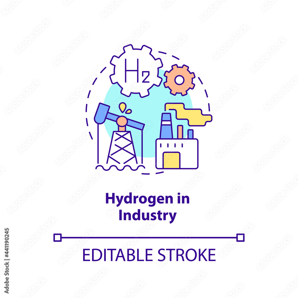 Hydrogen in industry concept icon. Using renewable energy abstract idea thin line illustration. Ammonia, methanol production. Refining petroleum. Vector isolated outline color drawing. Editable stroke
