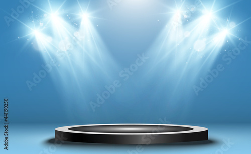 Winner background with signs of first, second and third place on a round pedestal. Vector winner podium sports symbols.	