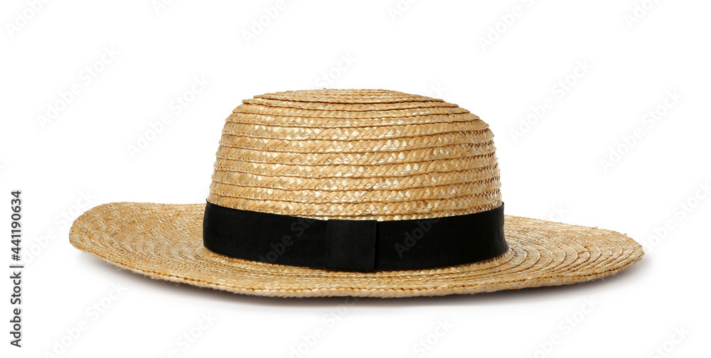 Stylish straw hat isolated on white. Beach accessory Stylish straw hat isolated on white. Beach accessory