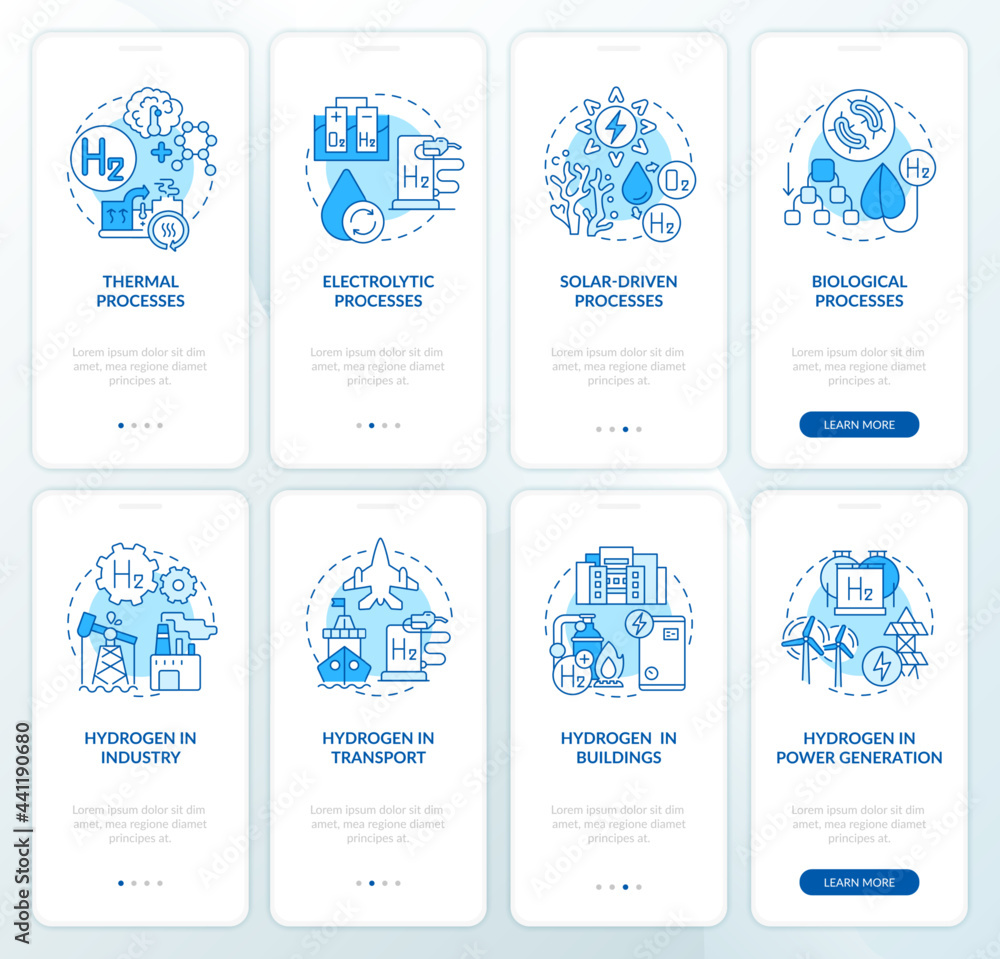 Hydrogen production onboarding mobile app page screens set. H2 ...