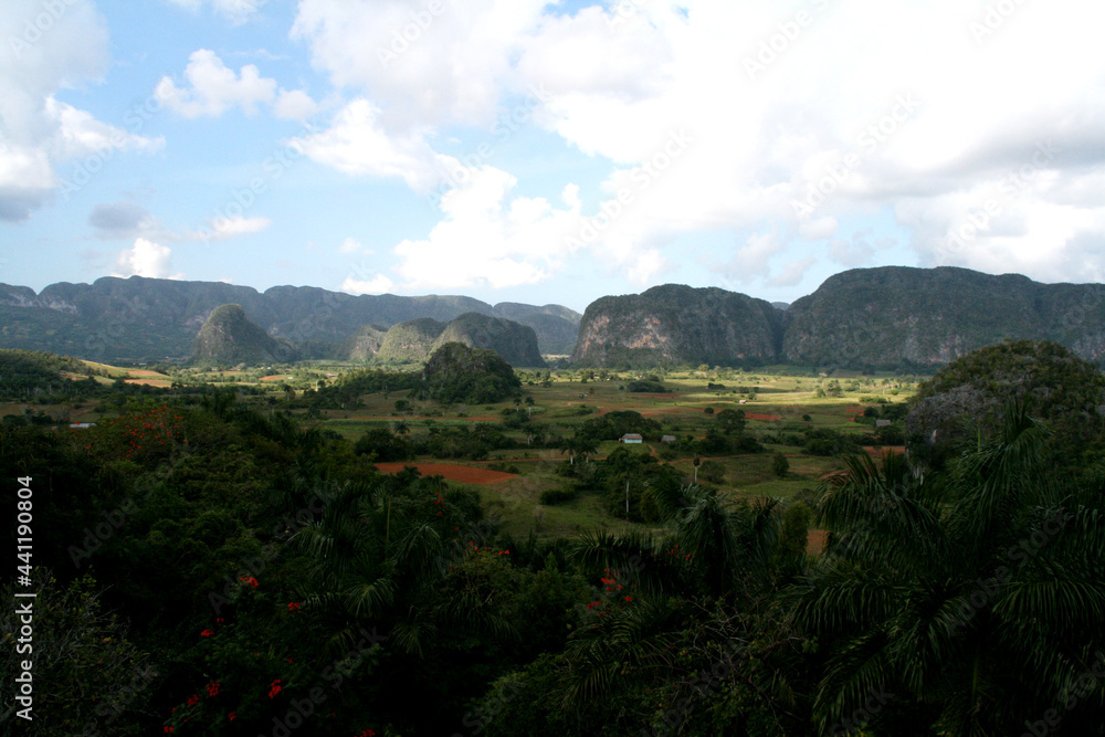 
Landscape of Pinar del Río, Cuba. Caribbean island. Cuban landscape. Tobacco fields producing area. Tourist area of ​​valleys and mountains. Viñales valley.