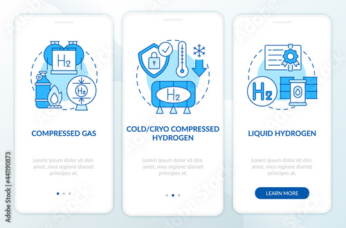 Hydrogen storing methods onboarding mobile app page screen. Gas compression walkthrough 3 steps graphic instructions with concepts. UI, UX, GUI vector template with linear color illustrations