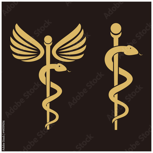 Medical or Healthcare symbol - Staff of Asclepius or Caduceus with wings icon isolated on black background