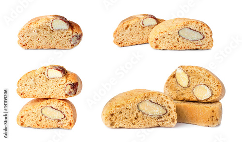 Set with different tasty cantucci on white background. Traditional Italian almond biscuits