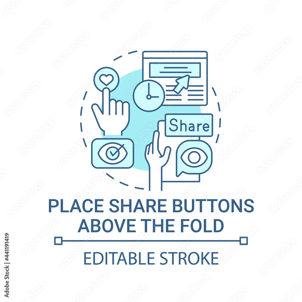 Place share buttons above fold concept icon. Viral content creation abstract idea thin line illustration. Right social media icon placement. Vector isolated outline color drawing. Editable stroke