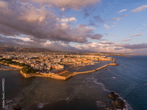 View from above at sunrise of the port of Chania on the northern coast of the Greek island of Crete