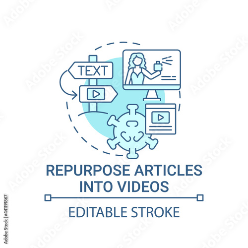Repurpose articles into videos concept icon. Viral content method abstract idea thin line illustration. Informative, engaging content. Vector isolated outline color drawing. Editable stroke