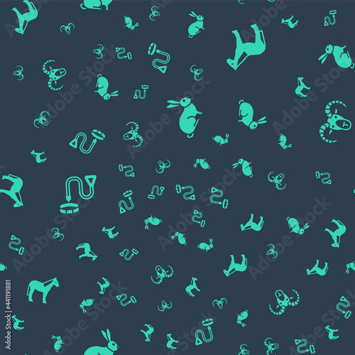 Set Rabbit, Horse, Collar with name tag and Head of goat ram on seamless pattern. Vector