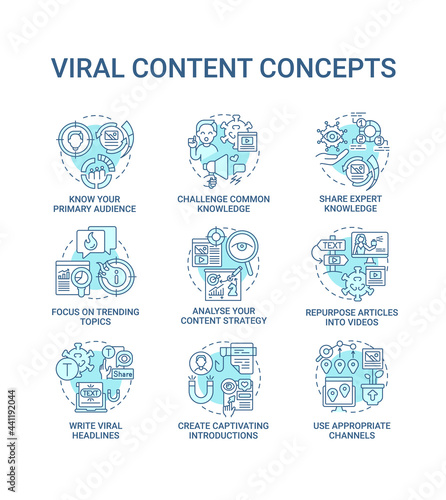 Viral content concept icons set. Focus on trending topics idea thin line color illustrations. Analyse content strategy. Repurpose article into video. Vector isolated outline drawings. Editable stroke