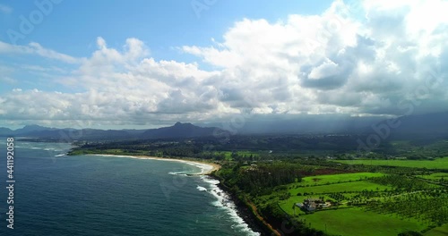 Wallpaper Mural Aerial Backward Shot Of Green Landscape By Coastline Against Cloudy Sky - Kauai, Hawaii Torontodigital.ca