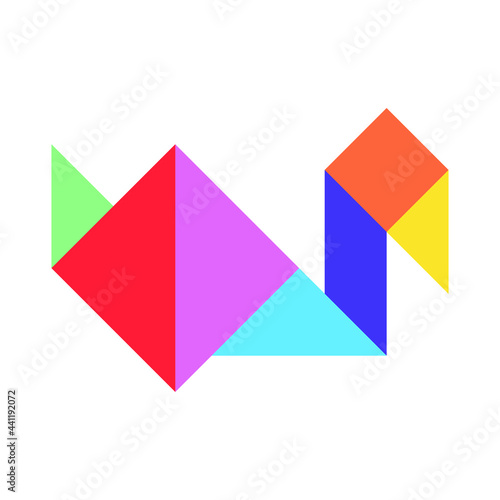 Color tangram puzzle in bird (duck, goose, swan) shape on white background