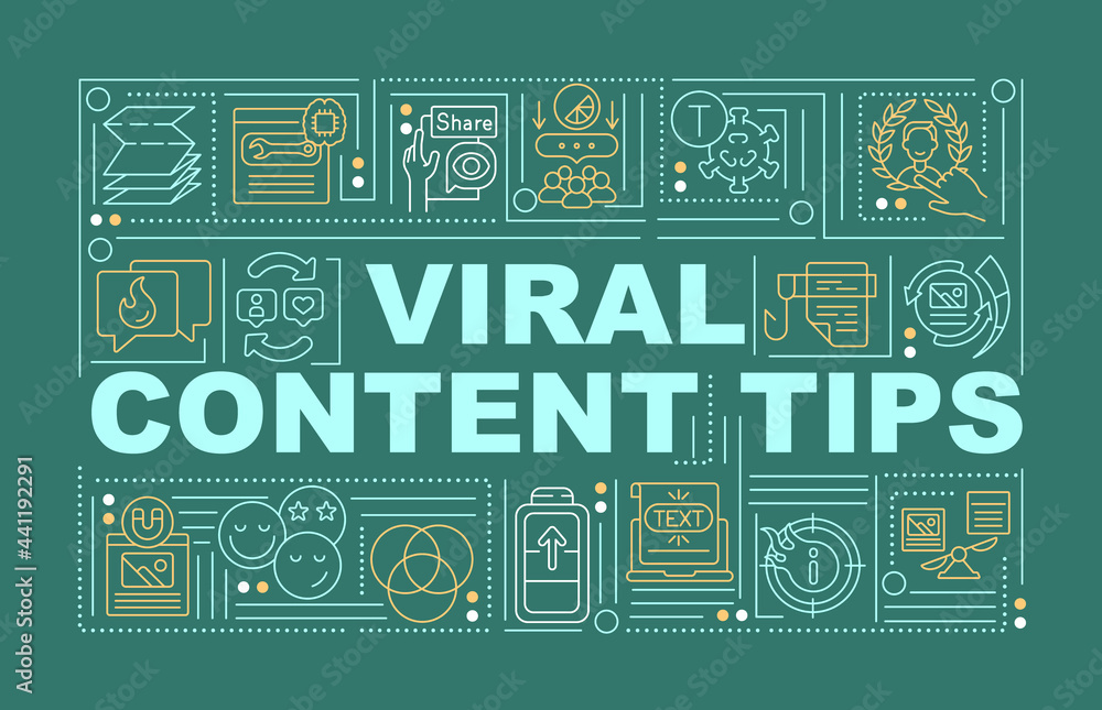 Viral content tips word concepts banner. Business marketing. Infographics with linear icons on green background. Isolated creative typography. Vector outline color illustration with text