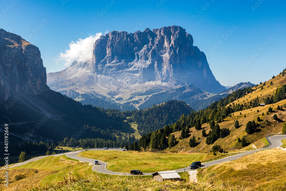 Gardena Pass, Trentino Alto Adige, Italy. Gardena Pass with Sassolungo mountain on the background. Passo Gardena, alpine pass between Val Badia and Val Gardena, South Tyrol, Italy.