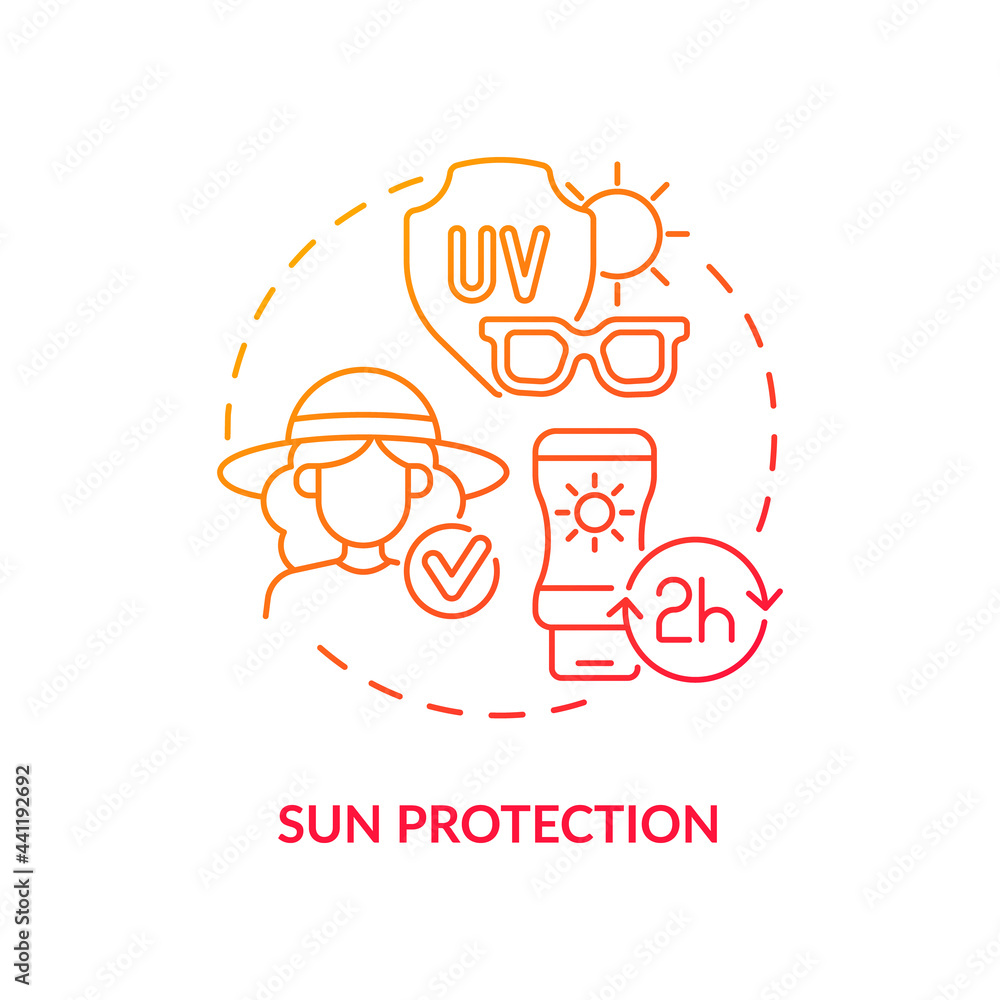 Sun protection concept icon. Summer vacation safety abstract idea thin line illustration. Applying sunscreen. Avoiding sunburns. Covering skin outdoors. Vector isolated outline color drawing Sun protection concept icon. Summer vacation safety abstract idea thin line illustration. Applying sunscreen. Avoiding sunburns. Covering skin outdoors. Vector isolated outline color drawing
