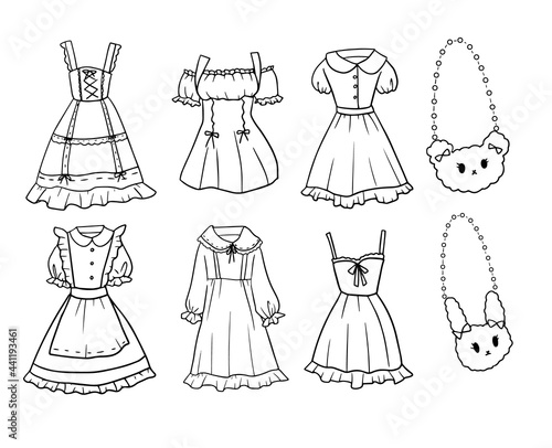 Set of black and white hand-drawn doodle style young girl dress outfit 