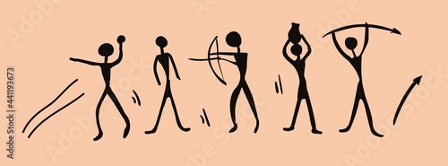 A set of cave paintings depicting people. Elements for design and decoration. Vector illustration.