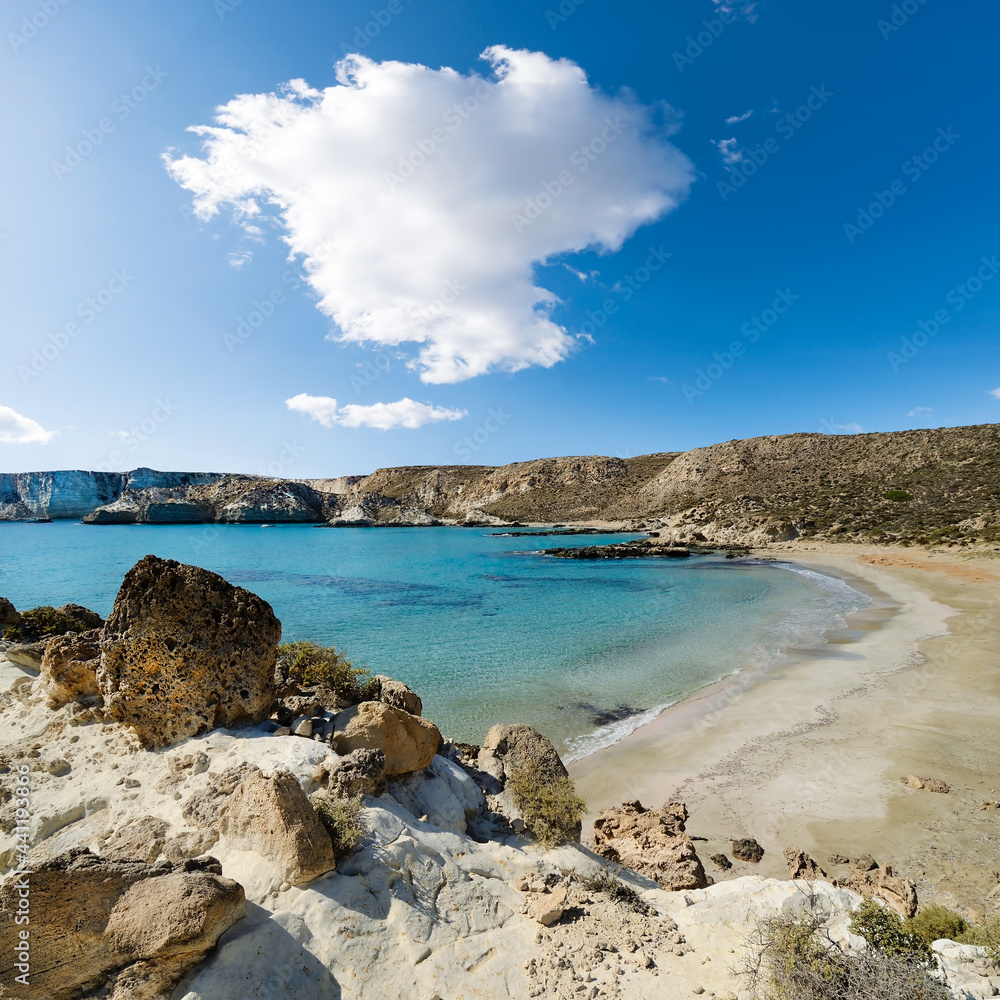 Chiliaderfia Beach on the west coast of the uninhabited islet of Koufonissi in the east of the Greek island of Crete Chiliaderfia Beach on the west coast of the uninhabited islet of Koufonissi in the east of the Greek island of Crete