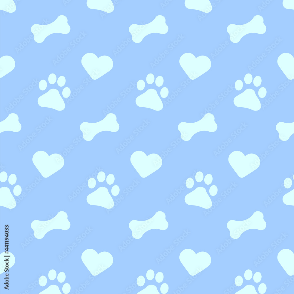 Pet flat symbols of bones, heart, dog paw, shapes on blue background seamless square pattern. Canine style color vector theme template. Design element on the subject of dogs, pets, puppies.
