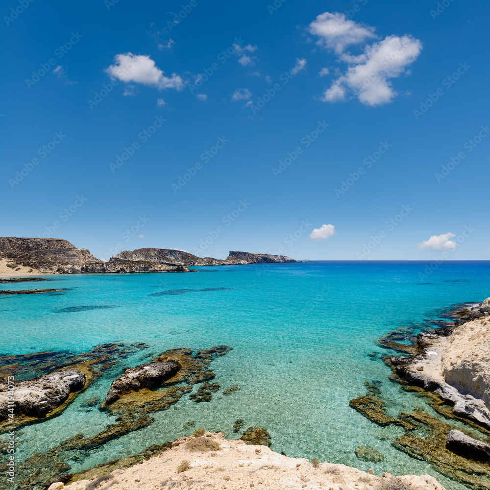 Chiliaderfia Beach on the west coast of the uninhabited islet of Koufonissi in the east of the Greek island of Crete